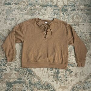 Old Navy Light Brown Lace Up Neckline Fleece Lined Sweatshirt M